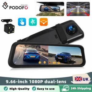 Podofo 9.66 Inch Car Dash Cam 1080P Car DVR Dual-Lens