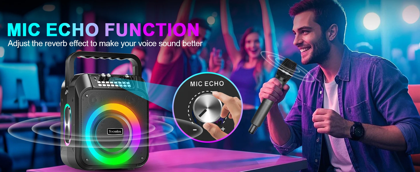 Portable speaker with colorful LED lights, microphone input, and 'MIC ECHO' function. Shown in use at a karaoke party with people singing in the background.