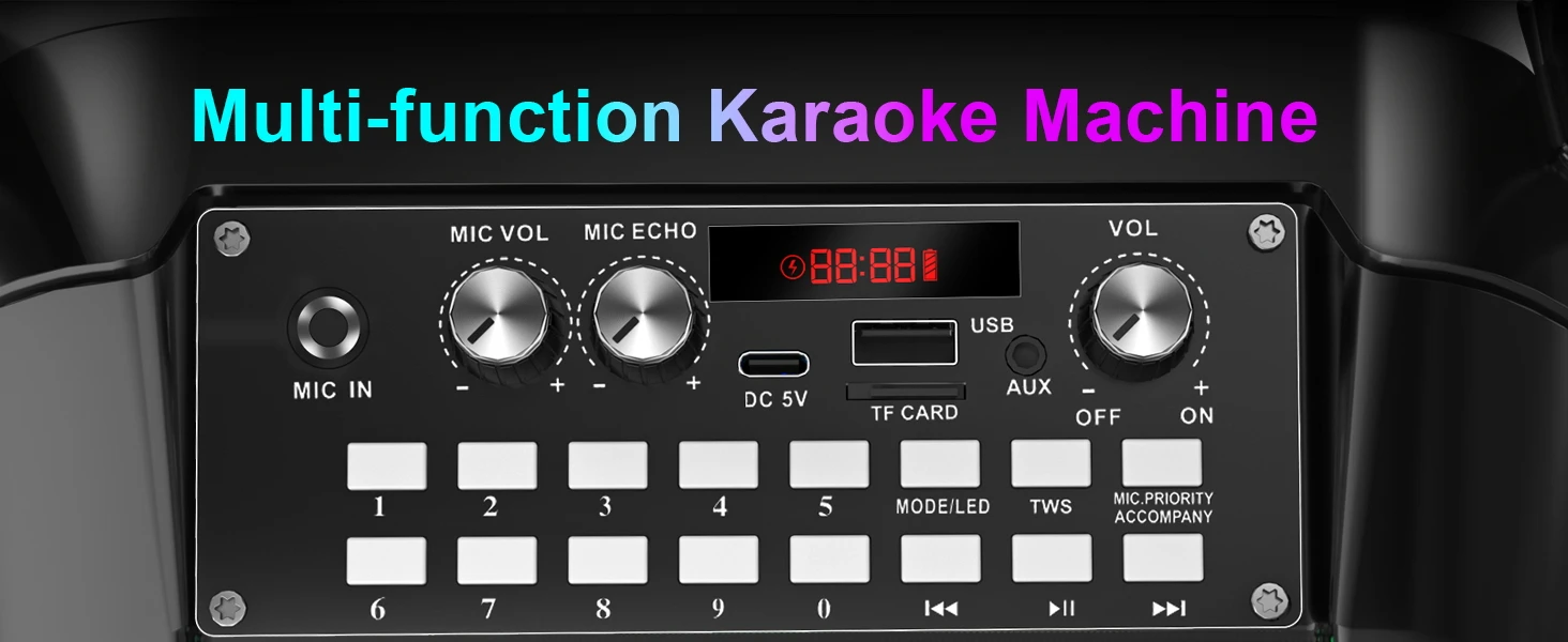 Multi-function karaoke machine control panel with digital display, volume knobs, input ports, and buttons for various functions including mic control and playback options.