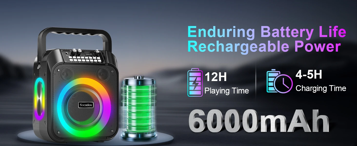 Portable speaker with colorful LED ring, 6000mAh rechargeable battery, 12-hour playtime, 4-5 hour charging time. Features handle and display showing battery capacity.