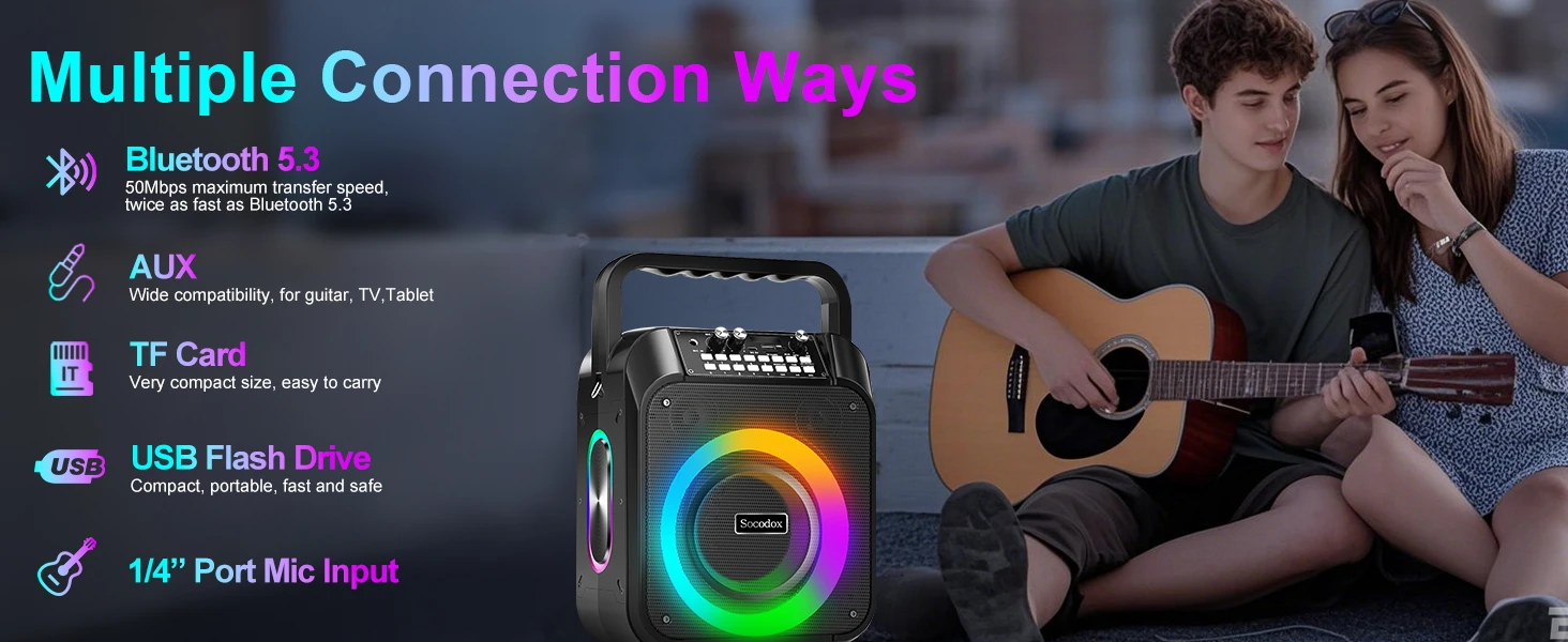 Portable speaker with multiple connection options including Bluetooth 5.3, AUX, TF Card, and USB. Features colorful LED lights and a microphone input. Image shows two people with an acoustic guitar.
