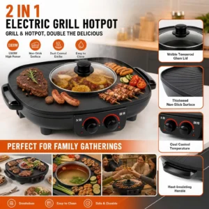2‑in‑1 Electric Hot Pot BBQ Grill 1360W 1.8L