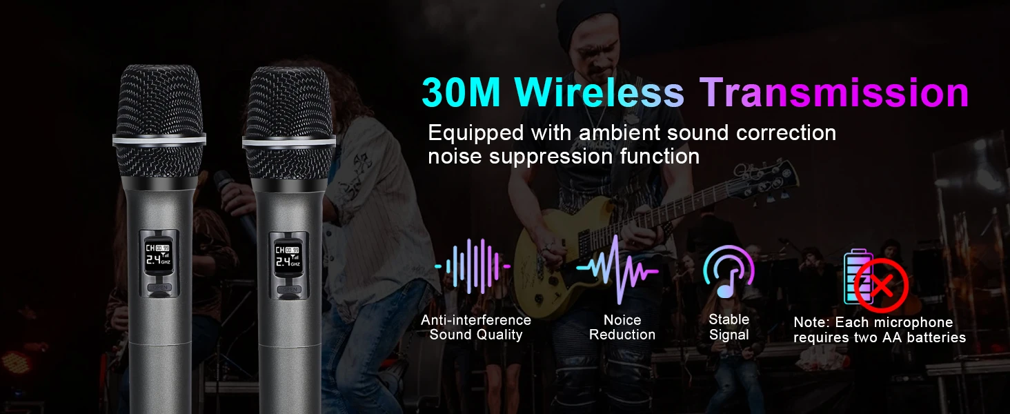 Two wireless microphones with LCD displays, showcasing 30M wireless transmission range. Features include ambient sound correction, noise suppression, anti-interference, noise reduction, and stable signal.