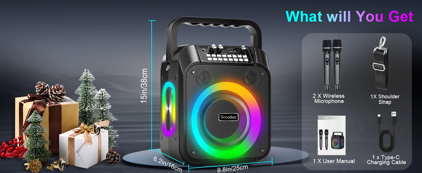 Portable Bluetooth speaker with colorful RGB lighting, microphones, and USB charging. Features 6.5-inch subwoofer, wireless microphones, and charging cable. Shown with holiday decorations.
