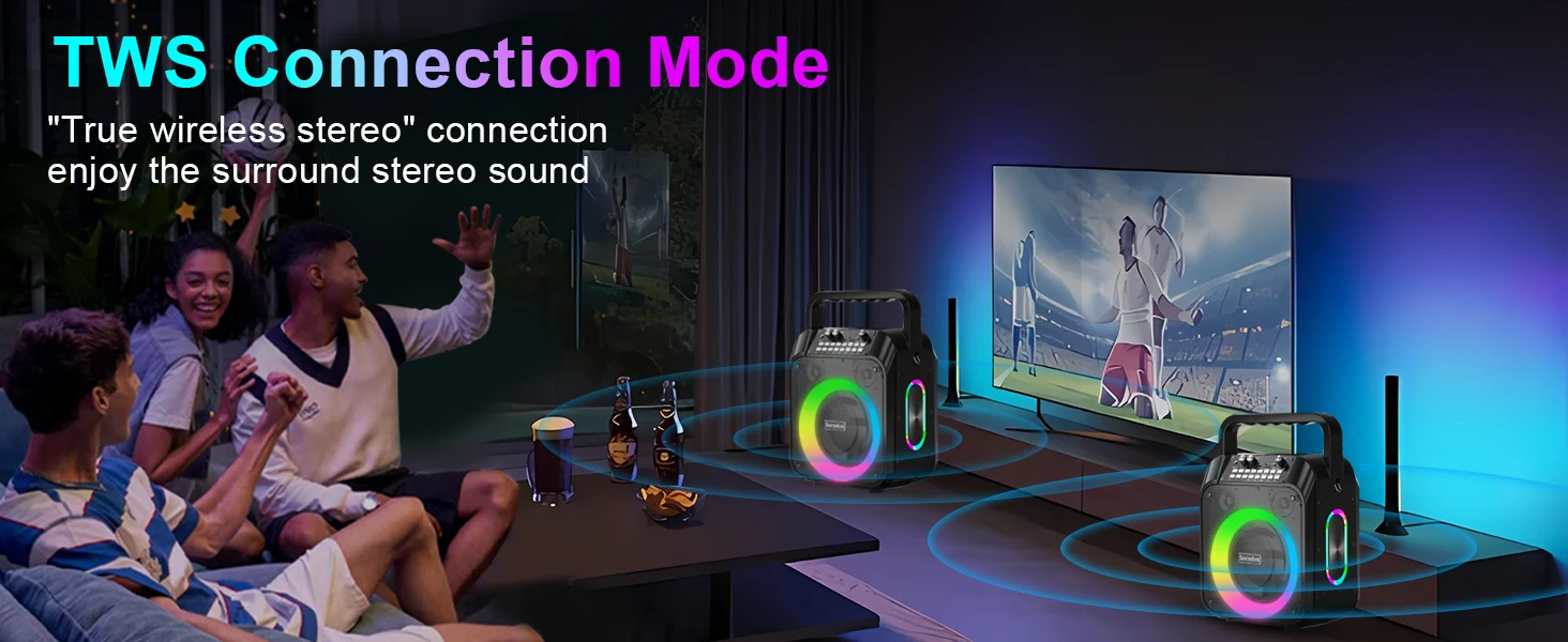 TWS Connection Mode for wireless speakers, showing multiple people enjoying audio from two glowing circular speakers while watching sports on a large screen.
