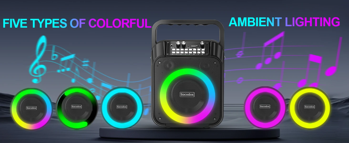 Portable speaker with colorful LED ring lights. Features five ambient lighting modes, illustrated by circular light patterns in various colors. Speaker has a handle and control panel.
