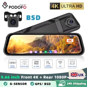 Podofo 9.66" Dash Cam 4K WIFI Stream RearView Mirror Dashcam