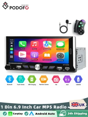 Podofo 1DIN 6.9" Car MP5 Player Wireless Carplay Android Auto