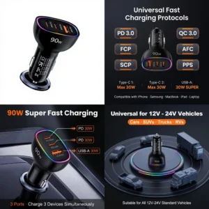 90W USB C Car Charger Fast Charging Multi Port